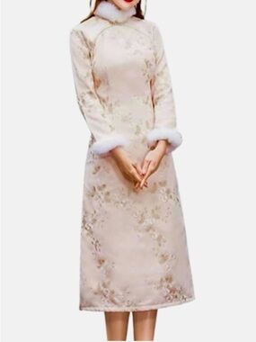 Elegant Cream Embroidered Women's winter Qipao dress/ NWT